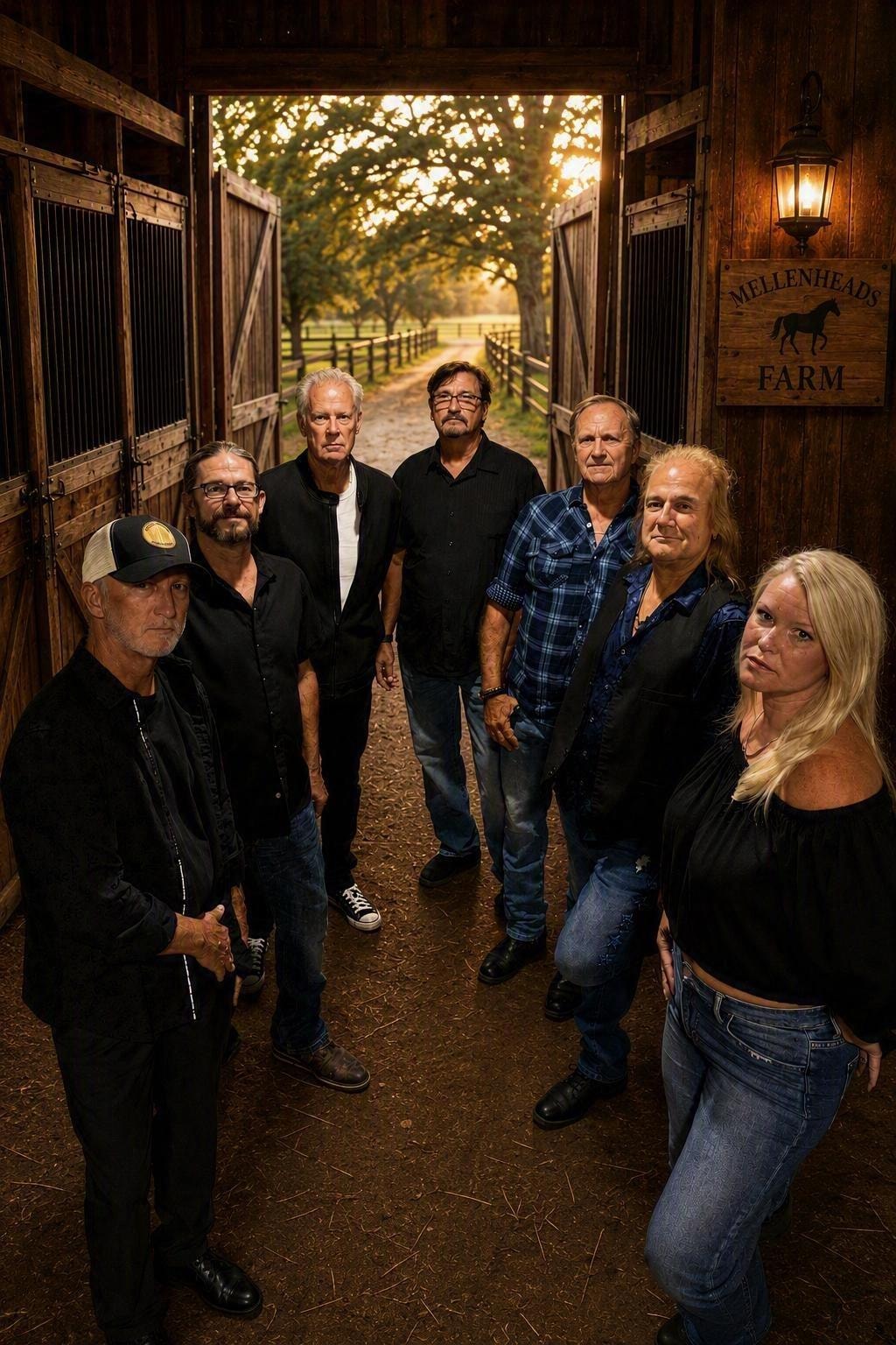 The Mellenheads full band portrait at Mellenheads Farm barn at golden hour