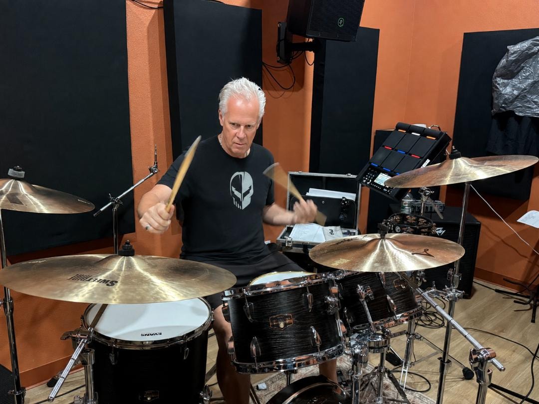 Art Hook on drums at rehearsal studio