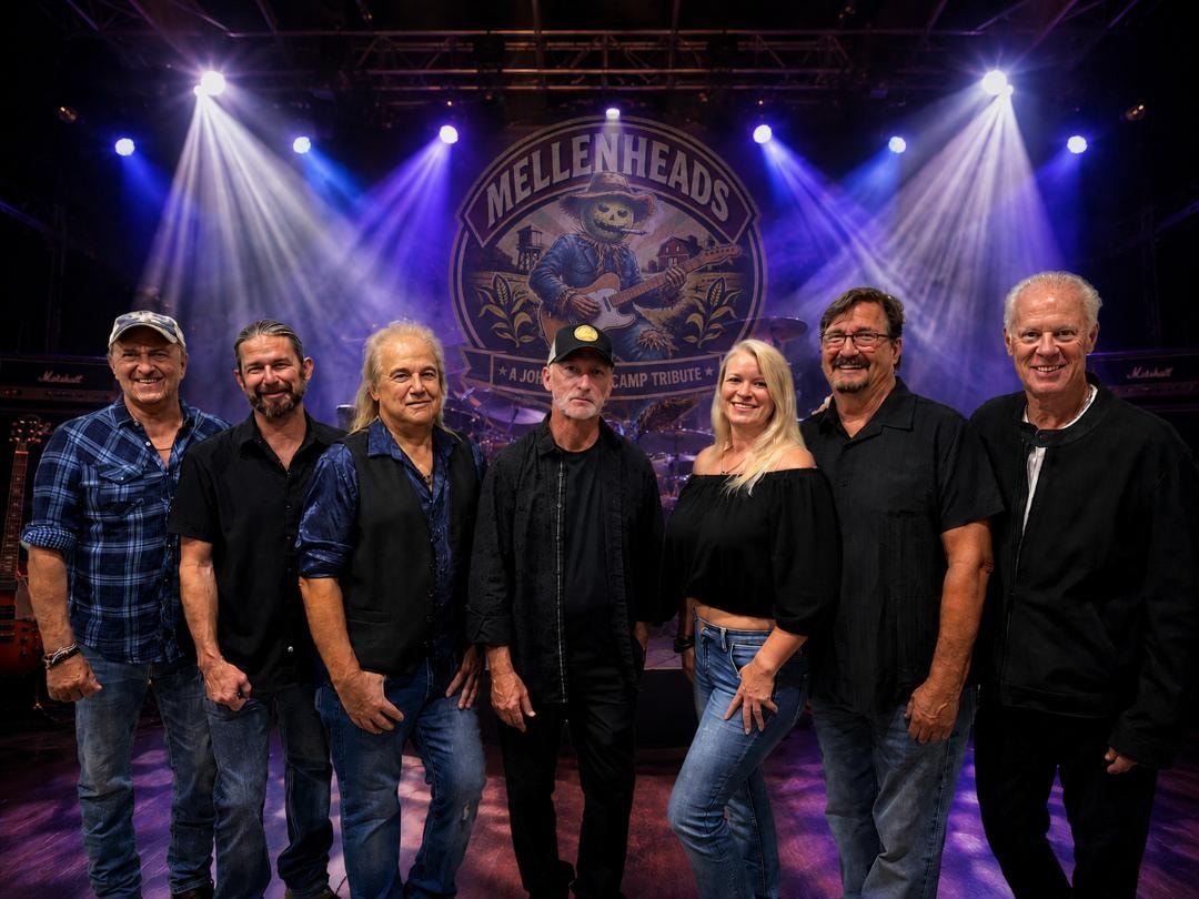 Mellenheads full band promo shot in front of logo backdrop
